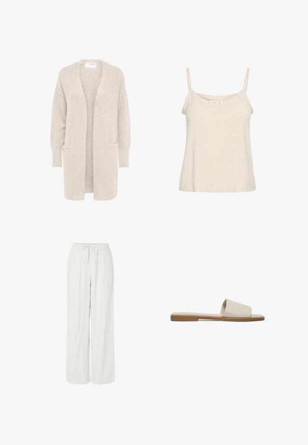 Cardigan largo beige con abertura frontal, mangas largas y dos bolsillos delanteros, tejido de punto suave y texturizado.; Camiseta sin mangas de color beige claro, hecha de una tela suave, con finas correas ajustables y un escote en V con un corte ligeramente relajado.; Pantalones de pierna ancha en gris claro, confeccionados en una suave tela texturizada. Cuentan con una cinturilla elástica con cordón ajustable para un ajuste personalizable.; Sandalia plana tipo slide con empeine de piel crema y suela marrón claro, diseño minimalista, estilo para calzar fácilmente, calzado casual.