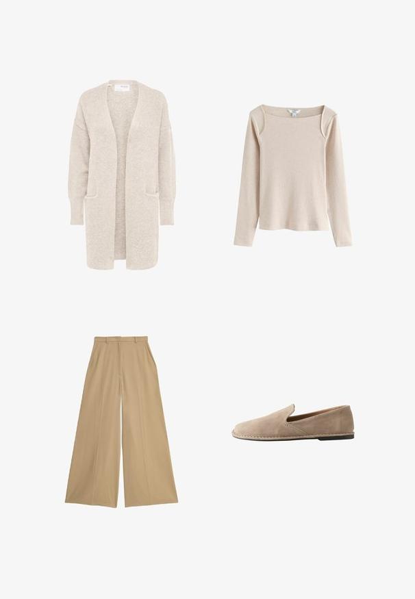 Lang beige åben cardigan med lange ærmer og to forlommer, blødt tekstureret strikstof.; Beige langærmet ribstrikket top med firkantet udskæring og let skulderdetalje, vist på hvid baggrund.; Beige brede bukser lavet af et let væv, med to sidelommer, flad front og en glat overflade.; Beige ruskind slip-on loafers med rund tå, lav flad hæl, syet sål og elastisk sideindsats for nem påtagning.