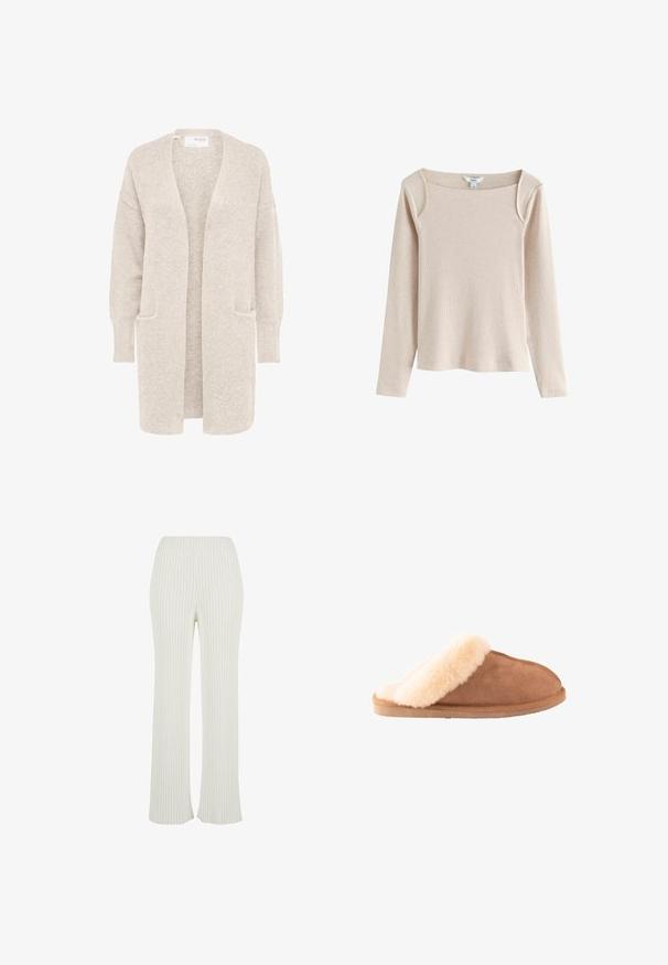Langer beiger Cardigan mit offenem Vorderteil, langen Ärmeln und zwei Fronttaschen, weicher strukturierter Strickstoff.; Beiges langärmeliges, geripptes Strickoberteil mit quadratischem Ausschnitt und leichtem Schulterdetail, auf weißem Hintergrund dargestellt.; Cremfarbene, gerippte Strickhosen mit einem ausgestellten Design. Merkmale einen breiten, elastischen Bund und vertikale Streifen für zusätzliche Textur.; Brauner Wildlederhausschuh mit cremig weißem, flauschigem Futter und Besatz, flache Sohle, für Komfort und Wärme im Innenbereich entworfen.