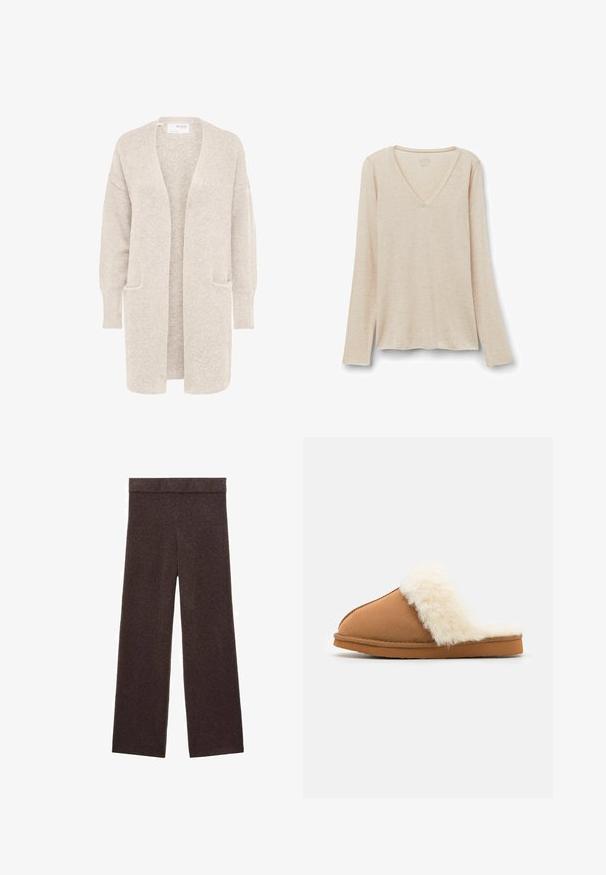 Lang beige åben cardigan med lange ærmer og to forlommer, blødt tekstureret strikstof.; Langærmet V-hals top i lys beige stof med en blød tekstur. Afslappet pasform med lige kant og minimalistisk design.; Brune bred benbukser lavet af blødt stof, med en elastisk talje og uden fremtrædende mønstre eller detaljer.; Brune ruskindslippers med en hvid faux fur manchet, lukket tå-design, flad sål og synlige syninger langs kanterne.