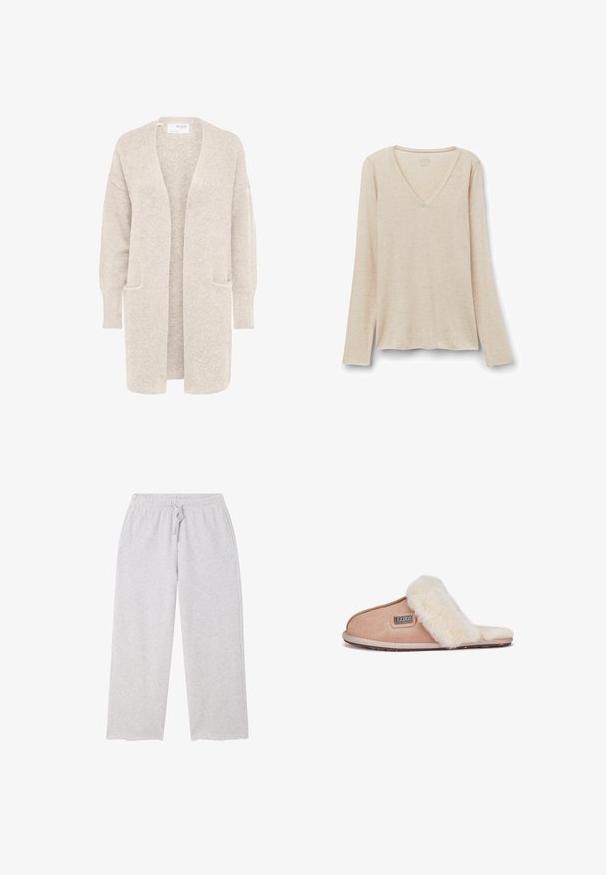 Lang beige åben cardigan med lange ærmer og to forlommer, blødt tekstureret strikstof.; Langærmet V-hals top i lys beige stof med en blød tekstur. Afslappet pasform med lige kant og minimalistisk design.; Lysegrå brede joggingbukser med elastik i taljen og snøre, samt lommer på begge sider.; Tan suedestøvle med blødt hvidt pelsfor, åben tå-design, flad sål og et lille brandmærke på siden.