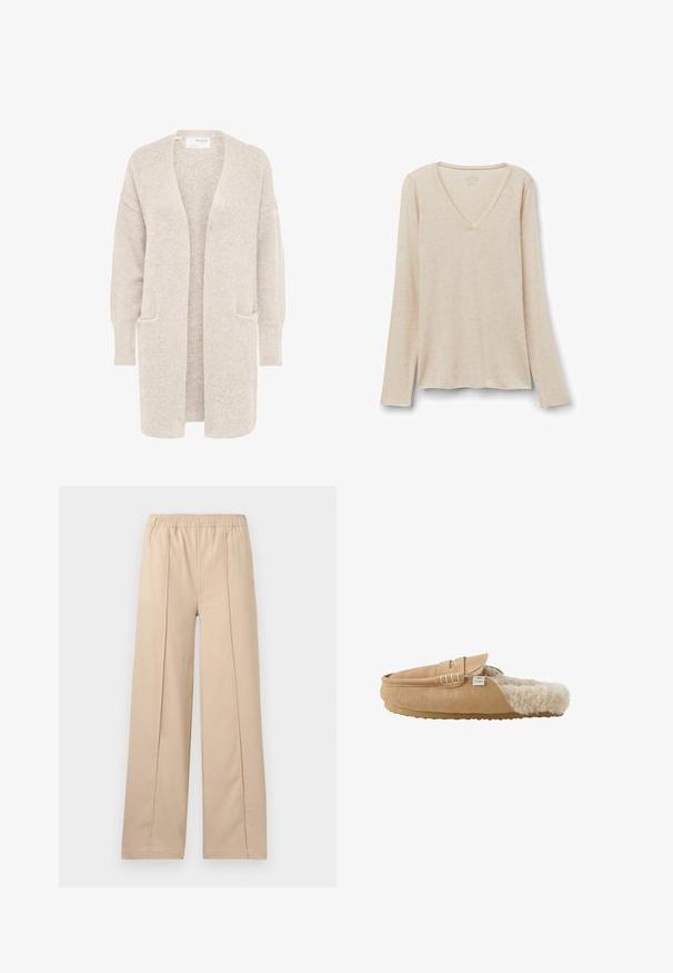 Cardigan largo beige con abertura frontal, mangas largas y dos bolsillos delanteros, tejido de punto suave y texturizado.; Camiseta de manga larga con escote en V en tejido beige claro con una textura suave. Corte relajado con dobladillo recto y diseño minimalista.; Pantalones anchos beige con cinturilla elástica, que presentan dos líneas de pliegue verticales, tela suave y un diseño sencillo.; Zapatilla de estar por casa de ante marrón claro sin cordones con forro de piel sintética de color crema suave y suela de goma plana, vista lateral.