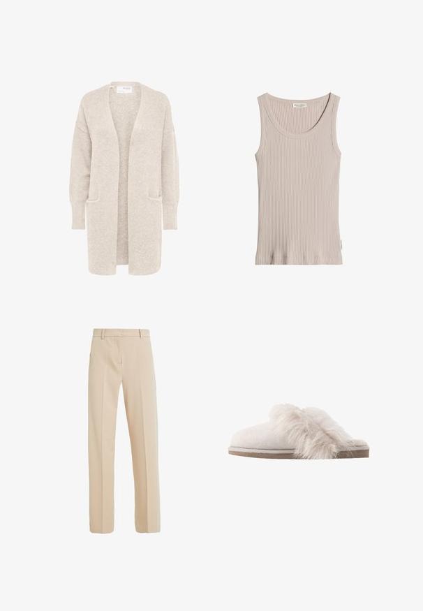 Langer beiger Cardigan mit offenem Vorderteil, langen Ärmeln und zwei Fronttaschen, weicher strukturierter Strickstoff.; Beige geripptes ärmelloses Tanktop mit rundem Ausschnitt, sichtbarem Markenlabel innen am Kragen und kleinem Seitenschild auf einfarbig weißem Hintergrund.; Beige maßgeschneiderte Hose aus glattem Stoff, mit geradem Beinanschnitt, seitlichen Taschen und Bügelfalten auf der Vorderseite.; Weißes Wildleder-Schlappenmodell mit einem flauschigen Pelzband über dem Obermaterial. Abgerundete Zehenform mit gepolsterter Sohle und strukturiertem Boden.