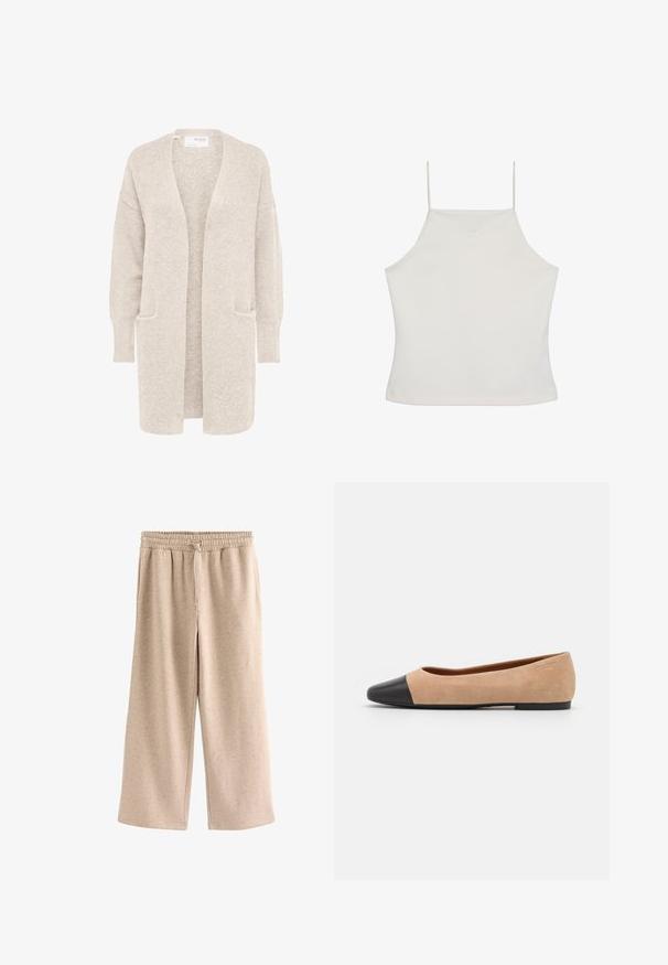 Lang beige åben cardigan med lange ærmer og to forlommer, blødt tekstureret strikstof.; Hvid ærmeløs crop top med tynde stropper og diskret "cK"-logo broderet på brystet, ensfarvet baggrund.; Beige bukser med vide ben, elastisk talje og snørre, lavet af et blødt, plettet stof.; Beige ruskind balletflade med en sort læder rund tåkap, lav hæl og glat tekstur, der har minimal syning og et enkelt design.