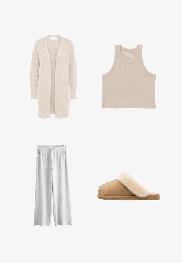 Langer beiger Cardigan mit offenem Vorderteil, langen Ärmeln und zwei Fronttaschen, weicher strukturierter Strickstoff.; Beige gerippter ärmelloser Croptop mit weiten Armausschnitten und rundem Ausschnitt.; Helle graue, weit geschnittene Sweatpants aus weichem Material, mit einem elastischen Bund und Kordelzug sowie zwei seitlichen Taschen.; Beige Wildlederschlappen mit einem weichen, flauschigen Innenfutter aus cremefarbener Schafsleder. Verfügt über eine flache, strukturierte Gummisohle für einen sicheren Halt.