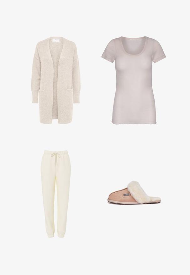 Long gilet beige ouvert sur l'avant, manches longues et deux poches avant, en maille douce texturée.; T-shirt rose clair à manches courtes, sans couture, avec un col rond. Texture douce, design ajusté et détail d'ourlet ondulé en bas.; Pantalon de survêtement décontracté couleur crème avec ceinture élastique et cordon de serrage, jambes effilées et poignets élastiques.; Chausson en daim beige avec une douce doublure en fourrure blanche, design à bout ouvert, semelle plate et une petite étiquette de marque sur le côté.