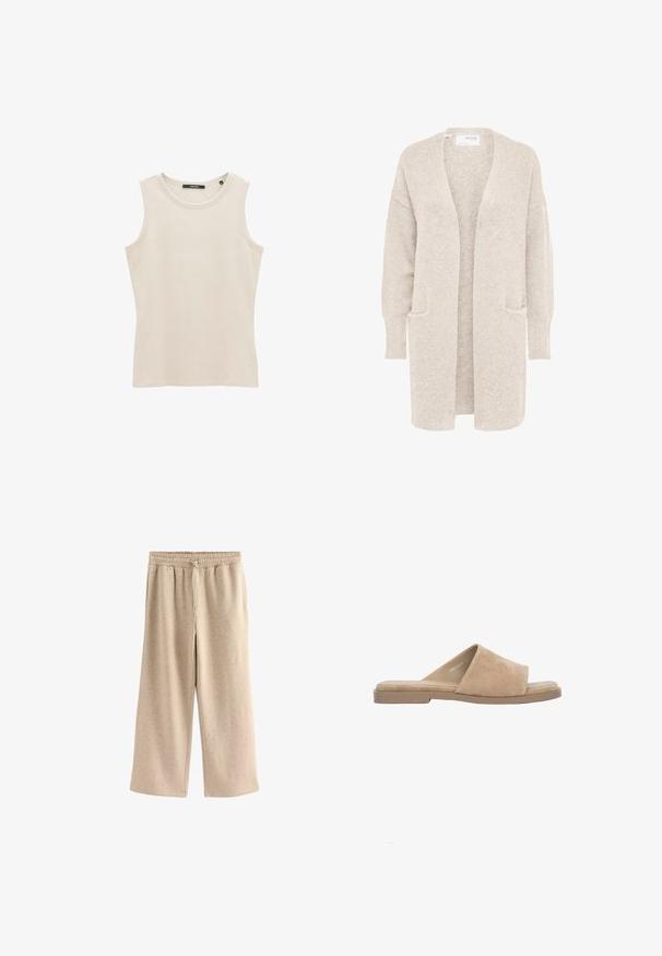Lange beige open cardigan met lange mouwen en twee voorzakken, zachte gestructureerde gebreide stof.; Mouwloze lichtbeige ribgebreide tanktop met een ronde halslijn en een aansluitende pasvorm. Gemaakt van zacht katoen.; Crème-kleurige wijde broek gemaakt van een zachte katoenmix. Heeft een elastische tailleband met trekkoord en een subtiele gespikkelde textuur.; Beige suède open-toe platte slipper met brede band en gevoerde binnenzool, afgebeeld op een witte achtergrond.