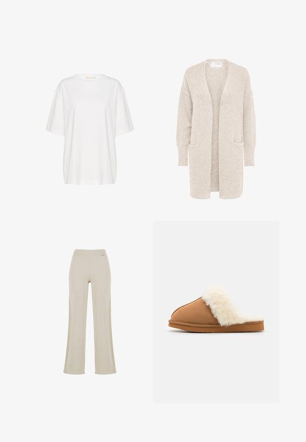 Cardigan largo beige con abertura frontal, mangas largas y dos bolsillos delanteros, tejido de punto suave y texturizado.; Camiseta de manga corta blanca, confeccionada en algodón suave. Presenta un escote redondo y un discreto detalle de logo en el lado izquierdo del pecho. Diseño de corte recto.; Pantalones de pierna ancha beige con una suave textura acanalada, cinturilla elástica y sin adornos visibles, que ofrecen una silueta relajada.; Pantuflas de ante marrón con un puño de piel sintética blanca, diseño de punta cerrada, suela plana y detalle de costura visible a lo largo de los bordes.