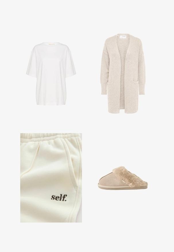Cardigan largo beige con abertura frontal, mangas largas y dos bolsillos delanteros, tejido de punto suave y texturizado.; Camiseta de manga corta blanca, confeccionada en algodón suave. Presenta un escote redondo y un discreto detalle de logo en el lado izquierdo del pecho. Diseño de corte recto.; Pantalones deportivos de tela color crema con textura suave, cintura elástica, bolsillos laterales y la palabra "self." bordada en marrón.; Zapatilla beige sin cordones con exterior de ante suave y forro interior y borde mullidos y esponjosos, diseñada para la comodidad en interiores.