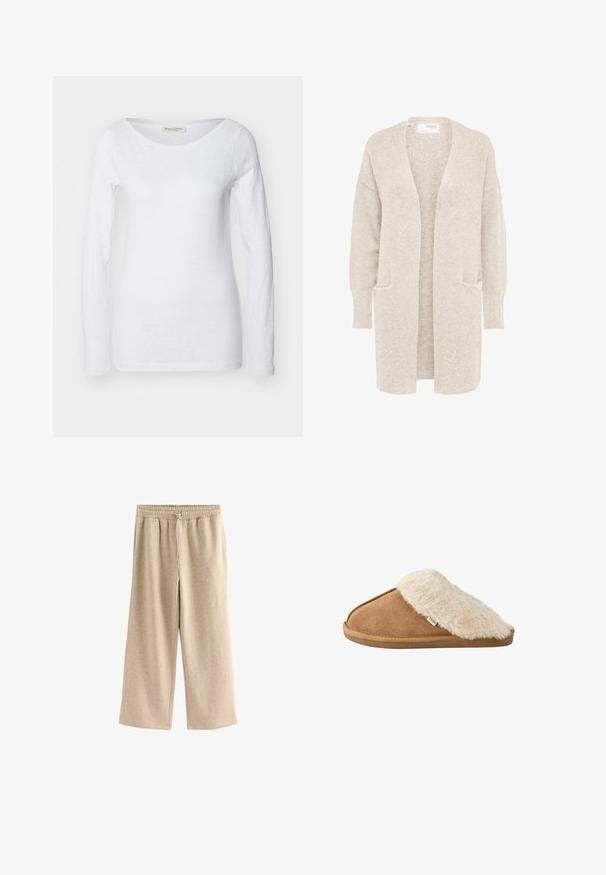 Cardigan largo beige con abertura frontal, mangas largas y dos bolsillos delanteros, tejido de punto suave y texturizado.; Top blanco de manga larga con escote redondeado. Confeccionado en una tela suave y texturizada. Presenta un corte relajado y puños sin costuras.; Pantalones de pierna ancha color crema, hechos de una suave mezcla de algodón. Presentan una cintura elástica con cordón y una sutil textura moteada.; Zapatilla marrón tipo slip-on con forro y suela de pelo sintético beige suave, vista lateral sobre fondo blanco.