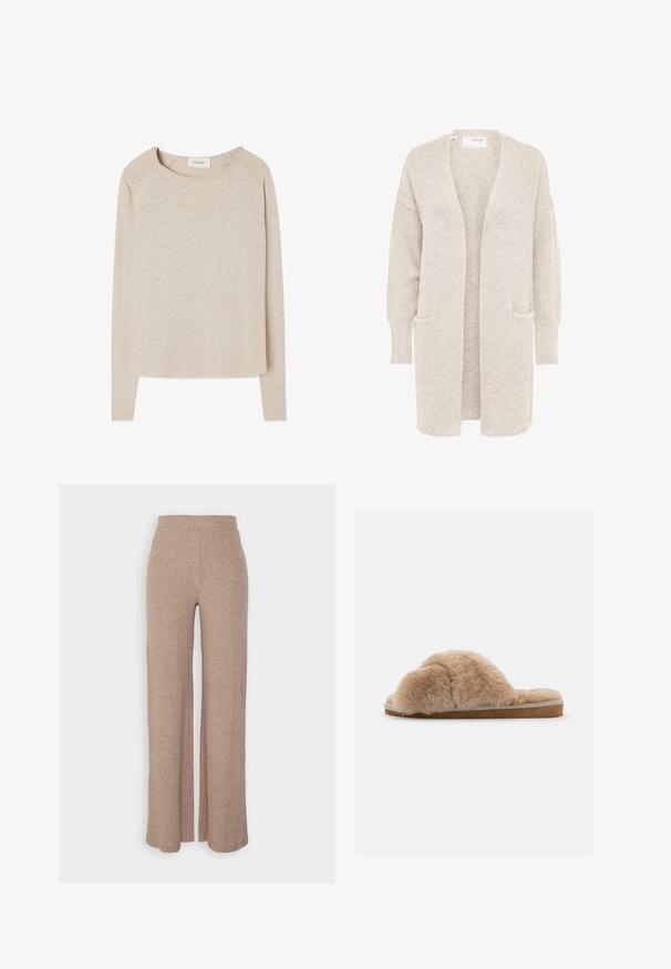 Lang beige åben cardigan med lange ærmer og to forlommer, blødt tekstureret strikstof.; Beige langærmet top med et blødt, struktureret stof. Har en rund halsudskæring og raglanærmer. Buet søm med en afslappet pasform.; Beige ribbede vide bukser med høj talje og blød tekstur, der har en løs pasform og ingen synlige lukninger.; Fuzzy beige hjemmesko med blød tekstur, åben bag og indvendig foring. Flad sål med en lysebrun bund og beige syning.