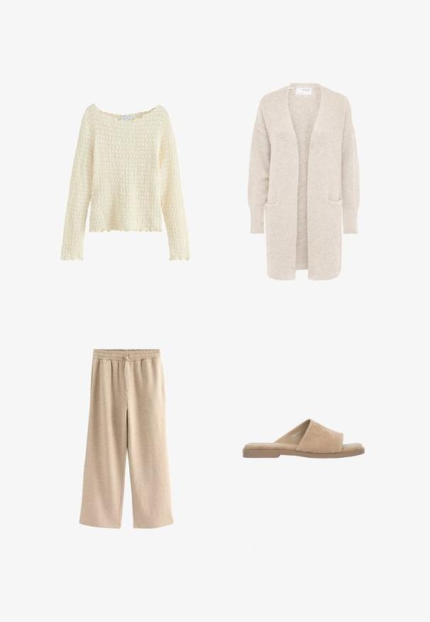 Long gilet beige ouvert sur l'avant, manches longues et deux poches avant, en maille douce texturée.; Pull créme texturé à manches longues et à encolure large. Présente un motif tricoté et un ourlet festonné. Fabriqué en matériau doux.; Pantalons larges beiges en tissu doux, dotés d'une taille élastique avec cordon de serrage et d'une texture subtilement mouchetée sur l'ensemble.; Sandale beige en daim à bout ouvert, plate avec une large bride et une semelle intérieure rembourrée, présentée sur fond blanc.