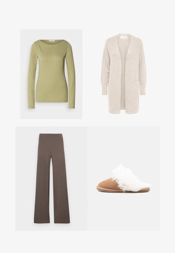 Lange beige open cardigan met lange mouwen en twee voorzakken, zachte gestructureerde gebreide stof.; Langemouwige top in licht olijfgroen, gemaakt van een zachte, gestructureerde stof. Heeft een brede halslijn en een aansluitende silhouet.; Geribbelde wijde broek in een donkerbruine kleur, met een rekbare tailleband en een zachte, gestructureerde stof.; Bruine suede pantoffel met witte pluizige faux bontvoering en een profielzool, getoond in zijaanzicht op een witte achtergrond.