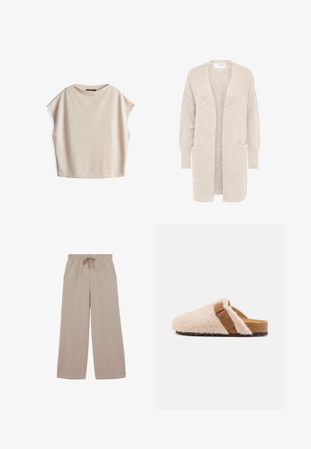 Lange beige open cardigan met lange mouwen en twee voorzakken, zachte gestructureerde gebreide stof.; Beige shirt met korte mouwen, een textuurafwerking, een brede hals en een relaxed fit. Gemaakt van zacht materiaal, heeft het een minimalistisch ontwerp en drop shoulders.; Beige wijde broek met elastische taille en trekkoord, met details aan de voornaad en een ontspannen pasvorm.; Beige schapenvacht instapsloffen met een bruine suede band, kurken voetbed en een geprofileerde rubberen loopzool, ontworpen voor comfort en casual gebruik.