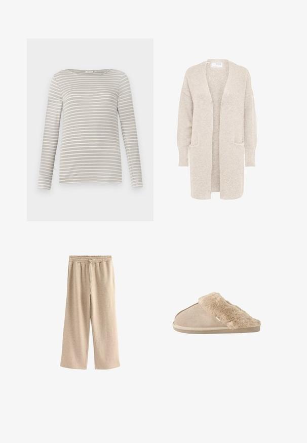 Lang beige åben cardigan med lange ærmer og to forlommer, blødt tekstureret strikstof.; TOM TAILOR STRIPED BOAT NECK - Langærmet T-shirt - taupe/offwhite; Cremefarvede breddebenede bukser lavet af blødt bomuldsblandingsstof. Har en elastisk talje med snor og en subtil plettet tekstur.; Beige slip-on tøfler med blødt ruskind yderside og blødt, fluffy inderfor og manchet, designet til komfort indendørs.