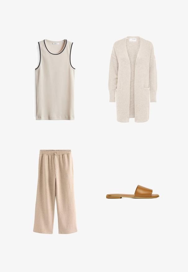 Lange beige open cardigan met lange mouwen en twee voorzakken, zachte gestructureerde gebreide stof.; Beige geribbelde tanktop met marineblauwe gestreepte afwerking bij de halslijn en armsgaten. Heeft een strak ontwerp en een zachte textuur.; Beige broek met wijde pijpen, een elastische tailleband en een koordje, gemaakt van een zachte, gevlekte stof.; Platte bruine lederen slidesandaal met brede band en lage hak met gouden rand langs de zoolrand, zijaanzicht op een witte achtergrond.