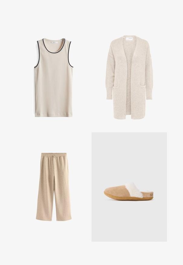 Lange beige open cardigan met lange mouwen en twee voorzakken, zachte gestructureerde gebreide stof.; Beige geribbelde tanktop met marineblauwe gestreepte afwerking bij de halslijn en armsgaten. Heeft een strak ontwerp en een zachte textuur.; Crème-kleurige wijde broek gemaakt van een zachte katoenmix. Heeft een elastische tailleband met trekkoord en een subtiele gespikkelde textuur.; Tan suède instappers met een witte fluffy voering en een rubberen zool, weergegeven in zijprofiel op een witte achtergrond.