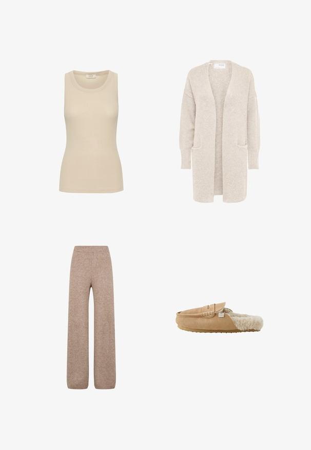 Cardigan largo beige con abertura frontal, mangas largas y dos bolsillos delanteros, tejido de punto suave y texturizado.; Top blanco de tirantes hecho de tejido acanalado con escote redondo y diseño sin mangas. Textura suave y corte ajustado.; Pantalones de punto de pierna ancha en un tono marrón claro con una cinturilla y puños acanalados, confeccionados con una tela suave y texturizada. No se ven bolsillos.; Zapatilla de estar por casa de ante marrón claro sin cordones con forro de piel sintética de color crema suave y suela de goma plana, vista lateral.