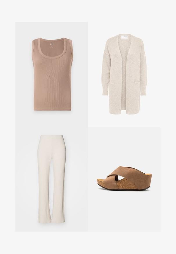 Lang beige åben cardigan med lange ærmer og to forlommer, blødt tekstureret strikstof.; Ribbet, ærmeløs tanktop i en blød beige farve. Har en rund halsudskæring og en tætsiddende silhuet med glatte kanter.; Cremefarvede ribstrikkede bukser med flared ben-design, der har en høj talje og en glat tekstur. Stoffet ser strækbart og blødt ud.; Copenhagen Shoes FRANCES - Mules med hæl - beige