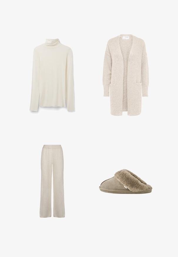 Langer beiger Cardigan mit offenem Vorderteil, langen Ärmeln und zwei Fronttaschen, weicher strukturierter Strickstoff.; Cremefarbenes Langarmshirt mit Rollkragen und figurbetonter Silhouette vor weißem Hintergrund.; Weit geschnittene Hosen aus einem weichen, hellbeigen Stoff. Sie verfügen über eine glatte Textur, einen elastischen Bund und ein einfaches, unauffälliges Design.; Beiger Hausschuh zum Hineinschlüpfen mit weichem, plüschigem Fellbesatz rund um die Öffnung und einer aussenseitig velourslederähnlichen Sohle.