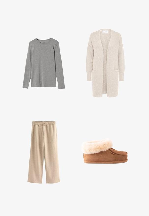 Long gilet beige ouvert sur l'avant, manches longues et deux poches avant, en maille douce texturée.; T-shirt gris à manches longues en tissu doux, avec un col rond et une coupe droite ; texture lisse sans motifs ni embellissements.; Pantalons larges beiges en tissu doux, dotés d'une taille élastique avec cordon de serrage et d'une texture subtilement mouchetée sur l'ensemble.; Shepherd Chaussons - chestnut