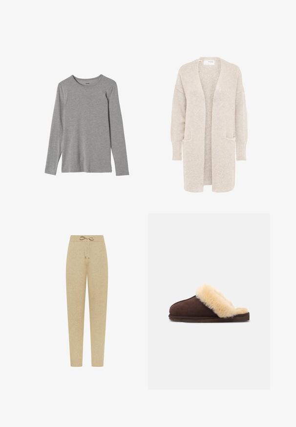 Cardigan largo beige con abertura frontal, mangas largas y dos bolsillos delanteros, tejido de punto suave y texturizado.; Camiseta de manga larga gris hecha de tejido suave, con cuello redondo y corte recto; textura lisa sin patrones ni adornos.; Pantalones jogger de punto beige con cintura elástica y cordón, piernas estrechas y puños acanalados.; Zapatilla de ante marrón con un forro de piel sintética crema, diseño de espalda abierta, suela plana y forma redondeada para mayor comodidad y calidez.