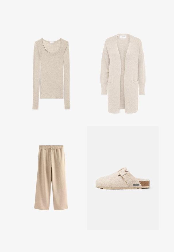 Langer beiger Cardigan mit offenem Vorderteil, langen Ärmeln und zwei Fronttaschen, weicher strukturierter Strickstoff.; Langärmliges Oberteil in hellbeige mit Rundhalsausschnitt und weichem, glattem Stoff, entworfen für eine figurbetonte Passform.; Cremefarbene Schlaghosen aus einem weichen Baumwollmix. Sie verfügen über einen elastischen Bund mit Kordelzug und einer dezenten gesprenkelten Textur.; Shepherd HILMA - Hausschuh - creme