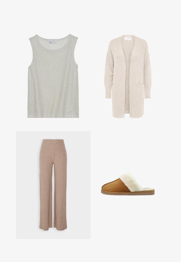 Long gilet beige ouvert sur l'avant, manches longues et deux poches avant, en maille douce texturée.; Haut sans manches gris clair en tissu tricoté doux et texturé. Présente un col rond et une coupe ample. L'étiquette indique "ANNA FIELD" à l'intérieur.; Pantalons larges en beige à côtes avec une taille haute et une texture douce, présentant une coupe loose et sans fermetures visibles.; Pantoufle en daim brun avec un revers en fourrure blanche, conception à bout ouvert, texture douce et semelle plate en caoutchouc. Présente des coutures contrastées pour le détail.