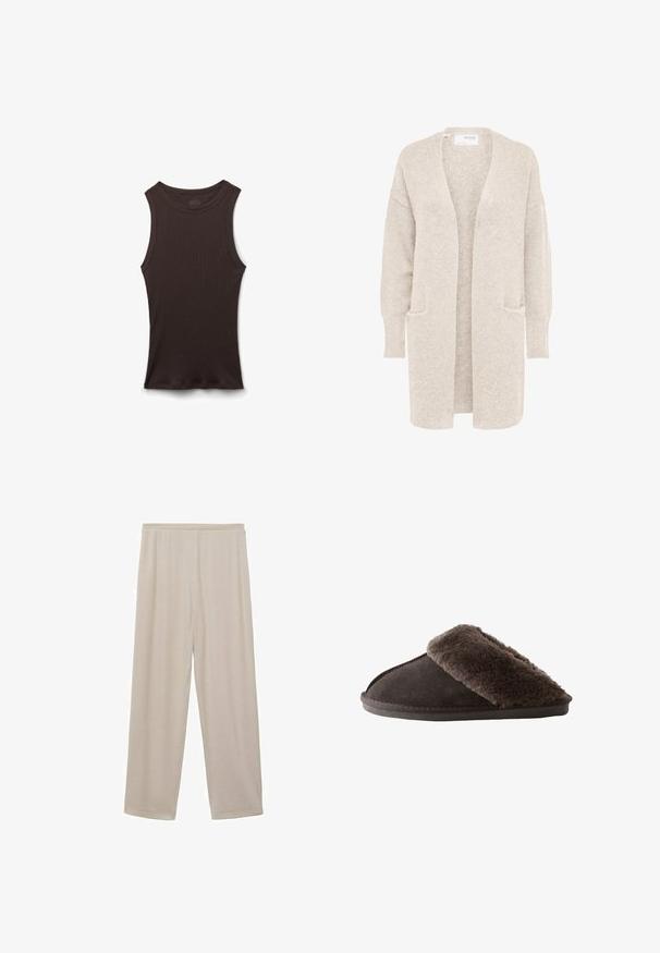 Lange beige open cardigan met lange mouwen en twee voorzakken, zachte gestructureerde gebreide stof.; Zwart geribd mouwloos hemdje met een ronde halslijn, plat liggend weergegeven op een witte achtergrond.; Beige, lichte katoenen broek met een recht model, elastische tailleband en een gladde textuur. Geen zichtbare patronen of hardware.; Donkerbruine instap pantoffel met zachte, pluizige bontvoering rondom de opening en een platte rubberen zool.