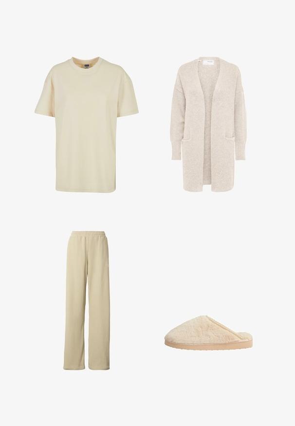 Long gilet beige ouvert sur l'avant, manches longues et deux poches avant, en maille douce texturée.; T-shirt à col rond de couleur crème en coton doux. Il présente des manches courtes et une coupe décontractée, sans motifs ni accents visibles.; Pantalon large beige côtelé avec taille élastique et petit logo blanc discret sur la partie supérieure de la cuisse.; Pantoufles en fourrure beige avec une forme arrondie, un dessus texturé et une semelle en caoutchouc plate de couleur claire. Présentent un délicat accent en dentelle le long du bord.