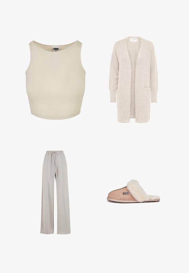 Long gilet beige ouvert sur l'avant, manches longues et deux poches avant, en maille douce texturée.; Top crop beige à côtes avec un col rond et une coupe sans manches. Présente une texture unie et une étiquette de marque discrète à l'intérieur du col.; Pantalons larges beige clair en tissu doux, avec une taille à cordon de serrage et de subtiles fentes latérales pour un détail de design supplémentaire.; Chausson en daim beige avec une douce doublure en fourrure blanche, design à bout ouvert, semelle plate et une petite étiquette de marque sur le côté.