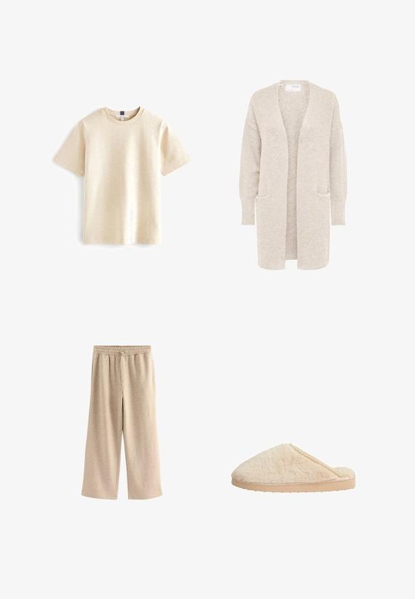 Cardigan largo beige con abertura frontal, mangas largas y dos bolsillos delanteros, tejido de punto suave y texturizado.; Camiseta de manga corta beige hecha de algodón suave, con un escote redondo y un corte relajado con una textura sutil.; Pantalones de pierna ancha color crema, hechos de una suave mezcla de algodón. Presentan una cintura elástica con cordón y una sutil textura moteada.; Zapatillas de pelo beige con forma redondeada, parte superior texturizada y suela de goma ligera y plana. Presentan un delicado detalle de encaje a lo largo del borde.