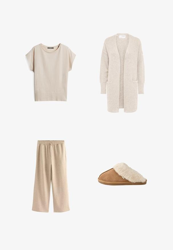Lange beige open cardigan met lange mouwen en twee voorzakken, zachte gestructureerde gebreide stof.; Korte mouwen beige top gemaakt van zachte, gestructureerde stof. Heeft een ronde halslijn en een ribbelsrand, met een ontspannen pasvorm.; Beige wijde broek gemaakt van zachte stof, met een elastische tailleband met een trekkoord en een subtiele gespikkelde textuur.; Bruine instapslipper met zachte beige nep bont voering en zool, zijkant gezien op witte achtergrond.