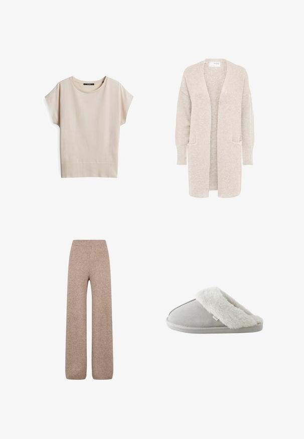 Lange beige open cardigan met lange mouwen en twee voorzakken, zachte gestructureerde gebreide stof.; Korte mouwen beige top gemaakt van zachte, gestructureerde stof. Heeft een ronde halslijn en een ribbelsrand, met een ontspannen pasvorm.; Brede gebreide broek in een lichtbruine tint met een ribbel waistband en manchetten, gemaakt van een zachte, gestructureerde stof. Geen zichtbare zakken.; Lichtgrijze instappantoffel met zachte witte nepbonten voering en zool met label "NEXT,", gezien vanaf de zijkant tegen een witte achtergrond.