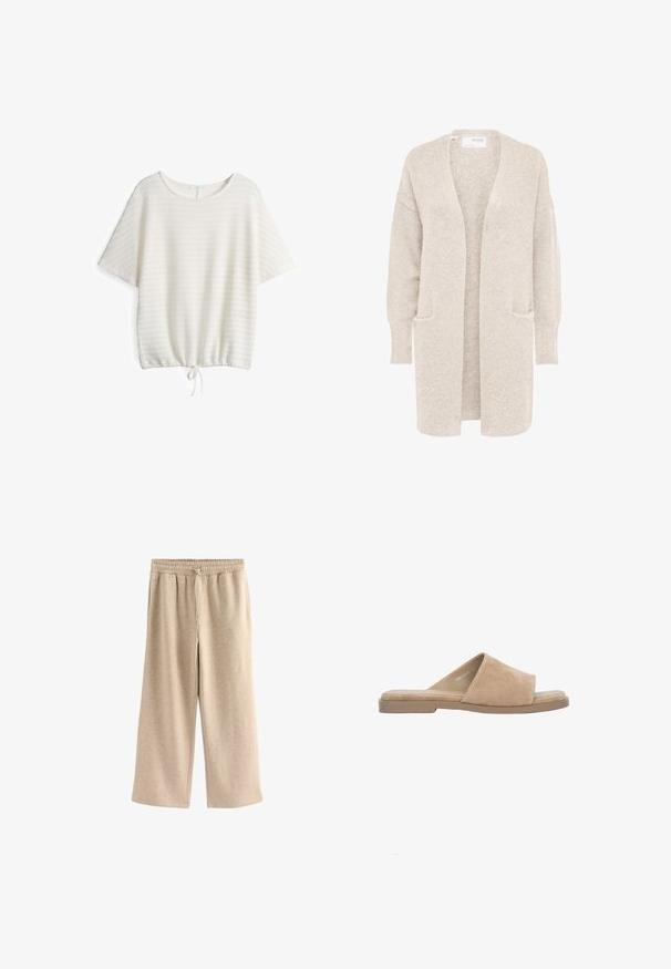 Lange beige open cardigan met lange mouwen en twee voorzakken, zachte gestructureerde gebreide stof.; Witte korte mouwen top van textuurstof, losse pasvorm, ronde halslijn en trekkoord onderkant voor een aanpasbare silhouet.; Crème-kleurige wijde broek gemaakt van een zachte katoenmix. Heeft een elastische tailleband met trekkoord en een subtiele gespikkelde textuur.; Beige suède open-toe platte slipper met brede band en gevoerde binnenzool, afgebeeld op een witte achtergrond.