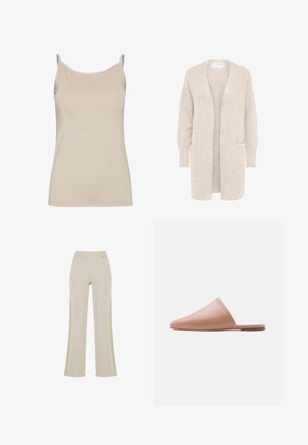 Lang beige åben cardigan med lange ærmer og to forlommer, blødt tekstureret strikstof.; Beige tanktop lavet af glat stof, med tynde stropper og et enkelt, fitted design med en ren udskæring og uden mønstre.; Beige vide bukser med en glat ribbet tekstur, elastisk talje og ingen synlige dekorationer, hvilket giver en afslappet silhuet.; Beige læder mule uden hæl med spids tå og flad sål, vist i sideprofil på en ensartet lys baggrund.
