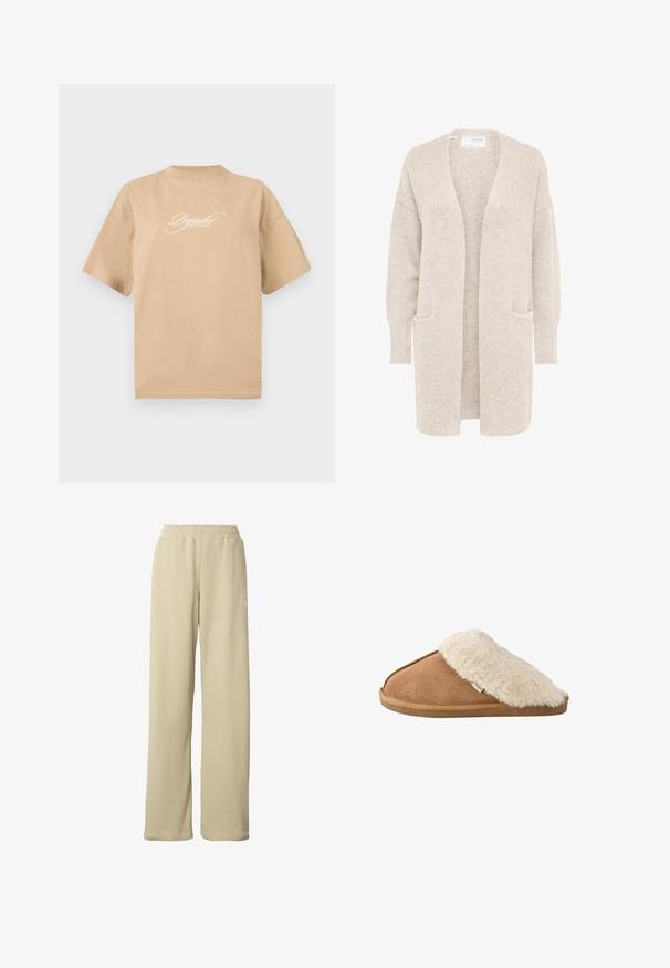 Lang beige åben cardigan med lange ærmer og to forlommer, blødt tekstureret strikstof.; Beige bomulds t-shirt med korte ærmer, rund halsudskæring og hvid skråskrift på fronten, der står "Pegador Dreams Come True."; Beige ribstrikkede bukser med vidde ben, elastisk taljebånd og diskret lille hvidt logo på den øverste del af låret.; Brun slip-on tøffel med blød beige imiteret pelsforing og sål, vist fra siden på hvid baggrund.