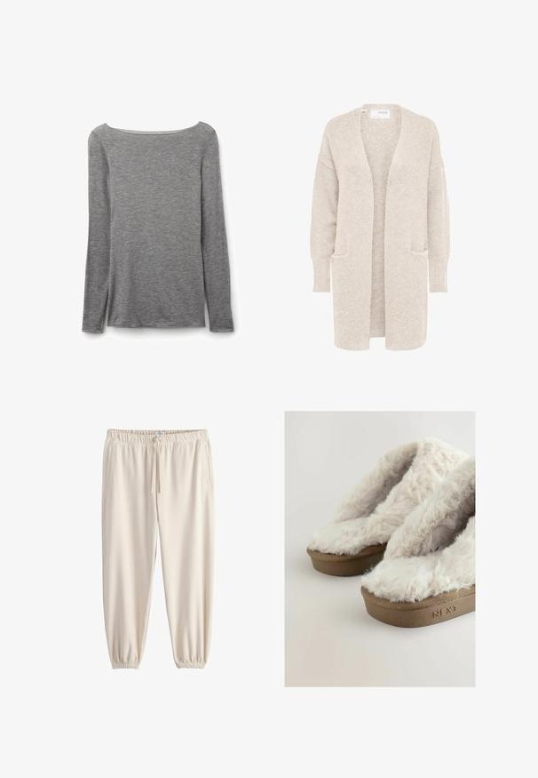 Cardigan largo beige con abertura frontal, mangas largas y dos bolsillos delanteros, tejido de punto suave y texturizado.; Top gris ajustado de manga larga con un escote barco amplio, hecho de tela de punto suave y ligera.; Pantalones jogger color crema hechos de tela suave, con cintura elástica, cordón ajustable y puños cónicos. Incluyen bolsillos laterales.; Zapatillas de plataforma marrones con suaves y esponjosos superiores de piel sintética de color crema, mostrando el nombre de la marca "NEXT" grabado en el lado de la suela.