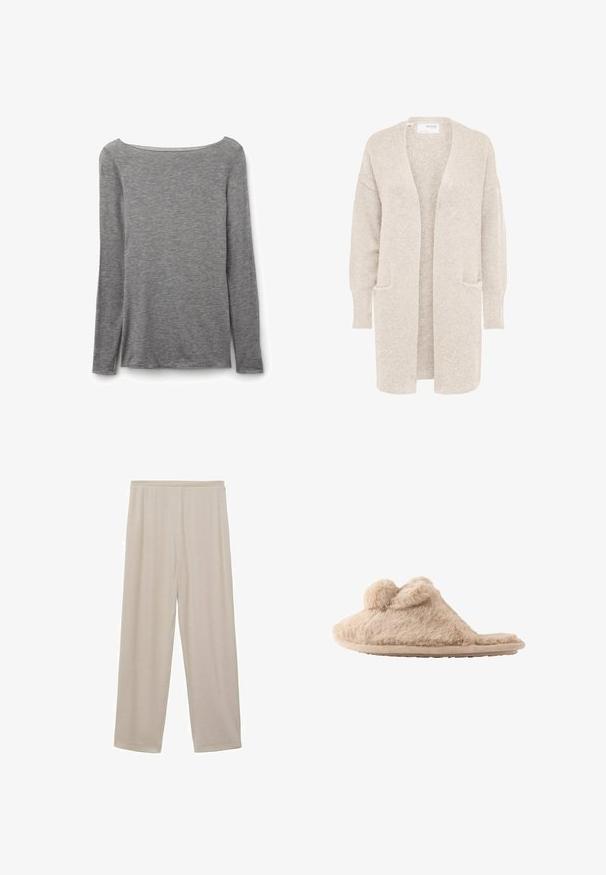 Lang beige åben cardigan med lange ærmer og to forlommer, blødt tekstureret strikstof.; Grå tætsiddende top med lange ærmer og bred bådudskæring, lavet af blødt, let strikstof.; Beige, lette bomuldsbukser med lige ben-design, elastisk talje og glat tekstur. Ingen synlige mønstre eller hardware.; Beige, fløjlsblød hjemmesko med to pomponer på toppen og en flad sål, designet til indendørs brug.