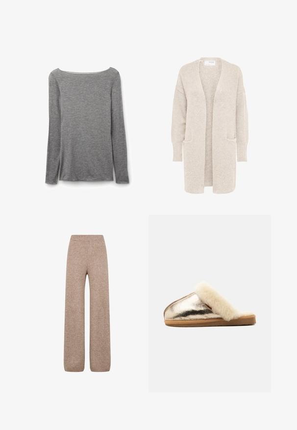Langer beiger Cardigan mit offenem Vorderteil, langen Ärmeln und zwei Fronttaschen, weicher strukturierter Strickstoff.; Graues, eng anliegendes Langarmshirt mit weitem Boot-Ausschnitt, aus weichem, leichtem Strickstoff.; Strickweite-Hosen in einem hellbraunen Farbton mit einem gerippten Bund und Bündchen, aus einem weichen, strukturierten Stoff. Keine sichtbaren Taschen.; Metallic goldener Slipper mit brauner Sohle und plüschigem cremefarbenem Fellbesatz rund um die Öffnung, von der Seite vor weißem Hintergrund dargestellt.