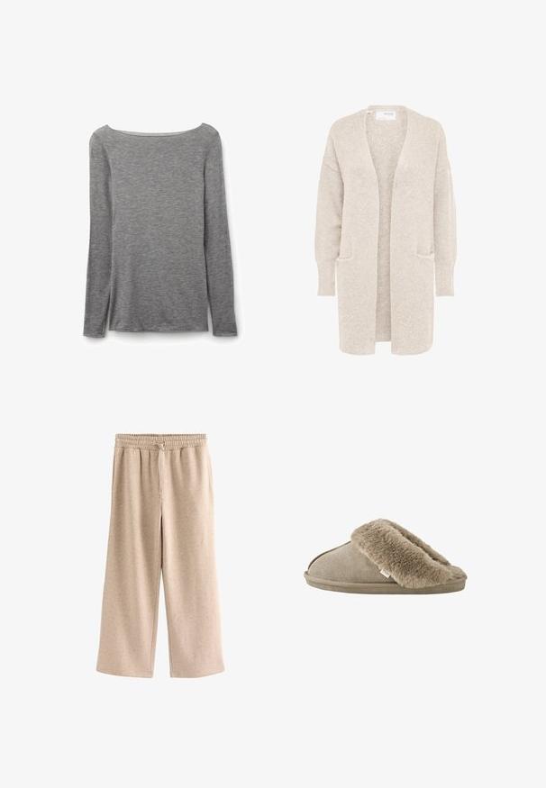 Lang beige åben cardigan med lange ærmer og to forlommer, blødt tekstureret strikstof.; Grå tætsiddende top med lange ærmer og bred bådudskæring, lavet af blødt, let strikstof.; Beige bukser med vide ben, elastisk talje og snørre, lavet af et blødt, plettet stof.; Beige slip-on tøfler med blød, plyssede pelsforing omkring åbningen og en ydersål med ruskindslignende overflade.