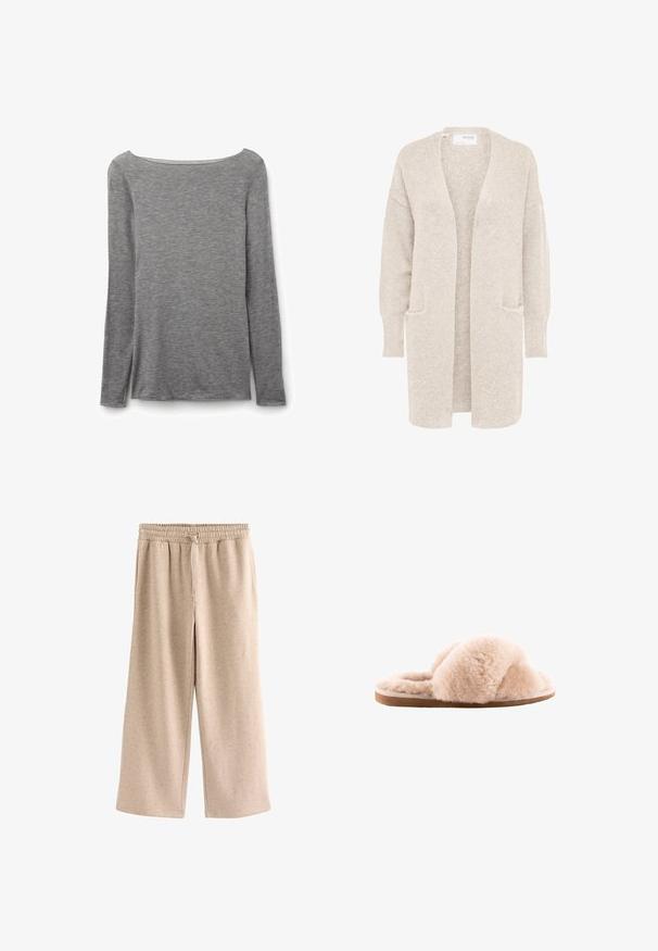 Lange beige open cardigan met lange mouwen en twee voorzakken, zachte gestructureerde gebreide stof.; Grijze nauwsluitende top met lange mouwen en een brede boothals, gemaakt van zachte, lichte gebreide stof.; Beige broek met wijde pijpen, een elastische tailleband en een koordje, gemaakt van een zachte, gevlekte stof.; Fuzzy lichtbeige slippers met kruisbanden, gemaakt van zacht materiaal op een platte tan rubberen zool. Pluche textuur door het hele ontwerp.