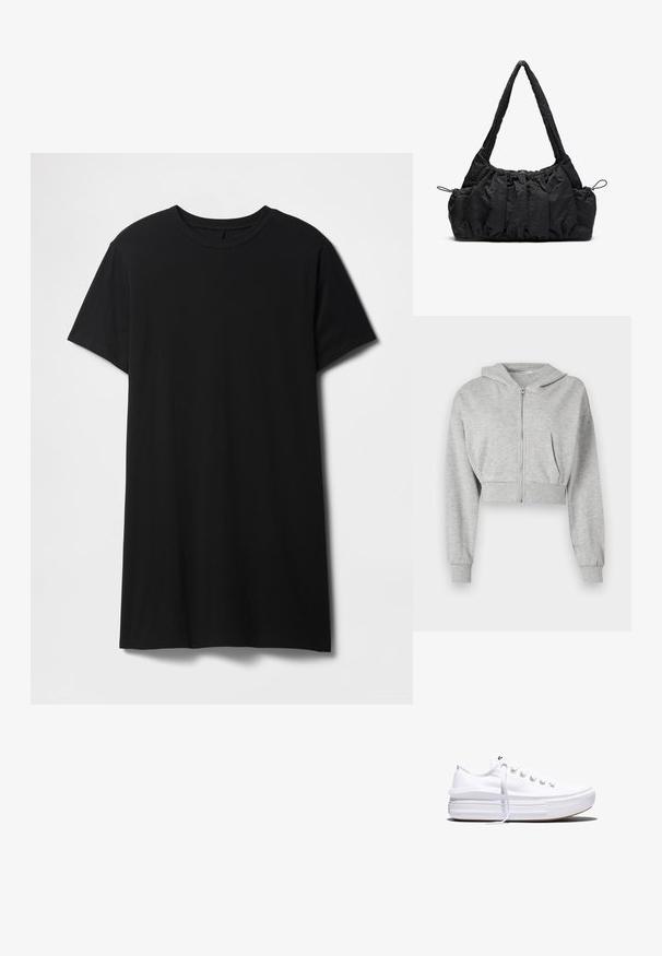 Grå cropped hoodie lavet af blødt stof, med lynlås foran, lange ærmer og to forlommer. Glat tekstur, justerbar hætte.; Sort kortærmet t-shirt lavet af bomuld, med klassisk rund halsudskæring og en lige kant, med en glat, mat tekstur.; Hvid lavt snørestøvle med tyk plateau-sål, snørelukning foran og gummiforstærket tåkap, set i sideprofil.; Sort stof handbag med samlede strukturer, to skulderremme og snorelukning i siderne. Glat, let materiale.