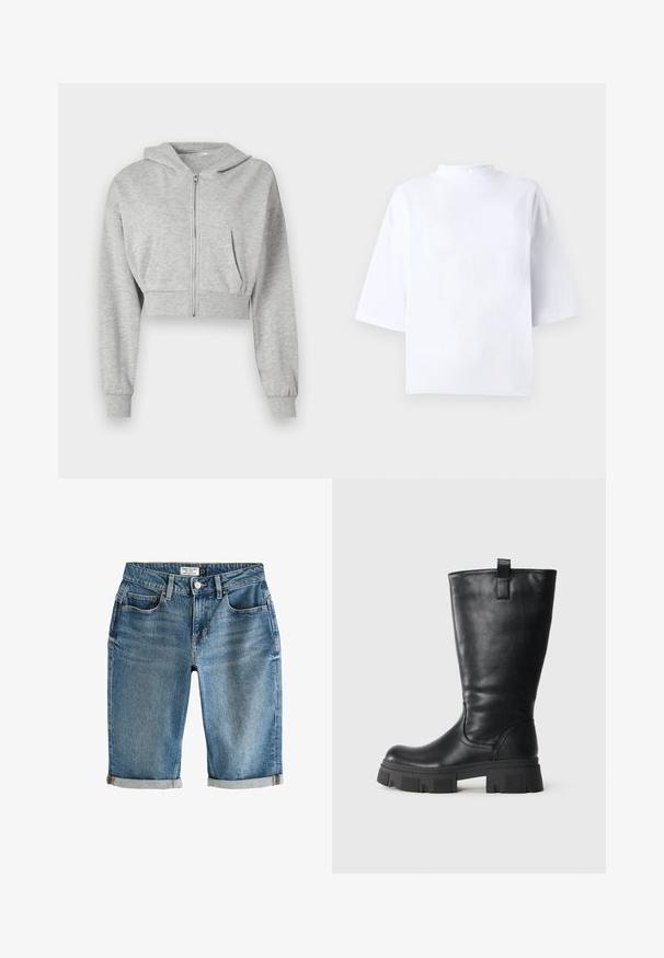 Grijze cropped hoodie van zachte stof, met een ritssluiting aan de voorkant, lange mouwen en twee voorzakken. Gladde textuur, verstelbare capuchon.; Witte katoenen top met korte mouwen, een hoge, afgeronde halslijn en een losse pasvorm. Gladde textuur, zonder zichtbare patronen of accenten.; Blauwe denim knielange shorts met een omgeslagen zoom, vijf zakken en een metalen knoopsluiting. Stof heeft een licht vervaagde uitstraling.; Zwarte leren laars tot halverwege de kuit met een stevige profielzool en een aantreklap aan de zijkant, weergegeven in profiel op een witte achtergrond.