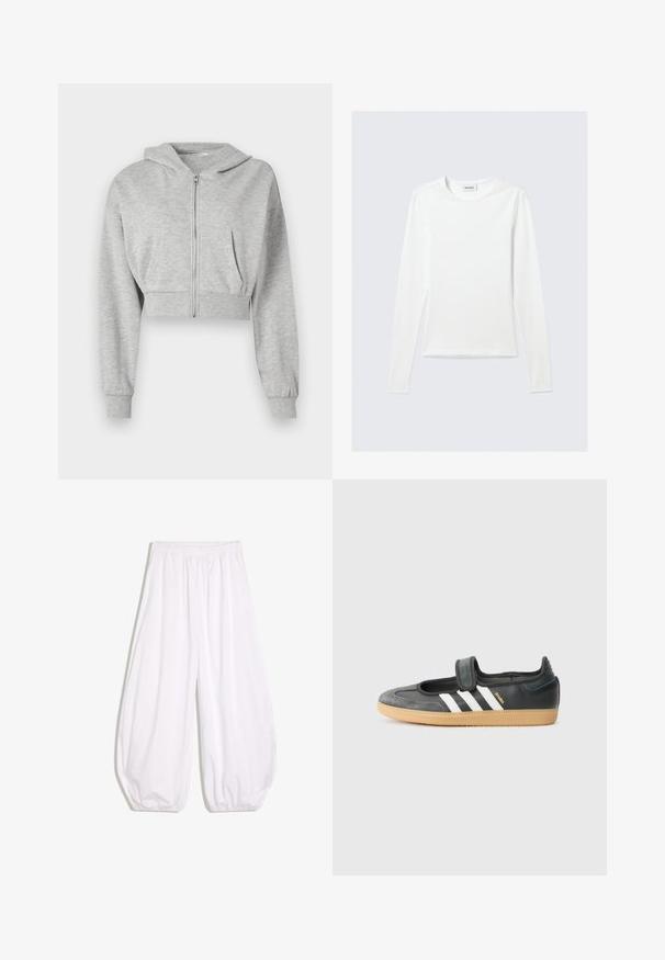 Haut de survêtement gris court en tissu doux, avec une fermeture éclair à l'avant, des manches longues et deux poches avant. Texture lisse, capuche ajustable.; T-shirt blanc uni à manches longues avec col rond et coupe slim, présenté sur un fond gris clair.; Pantalon blanc ample avec taille élastique et poignets élastiqués, fabriqué en tissu léger.; Sneaker en cuir noir et suède avec une sangle Velcro, arborant trois bandes blanches et une semelle en caoutchouc, étiqueté "SAMBA" sur le côté.