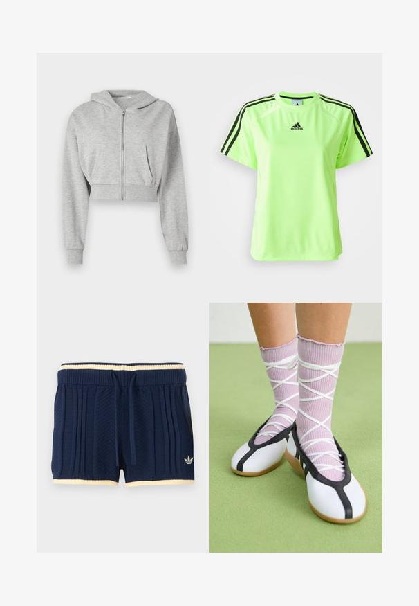 Hallharooby cropped kapuutsiga, mis on valmistatud pehmest kangast, ees hargneva tõmblukuga, pikkade varrukatega ja kahe ees oleva taskuga. Sile tekstuur, reguleeritav kapuuts.; Neoon roheline spordipaita, mis on valmistatud niiskust eemaldasest kangast. Omab musta kolmega triibuga disaini õlgadel ja logo, mis on keskel rinnal.; Tumesinised kudumist lühikesed püksid soonilise tekstuuriga, beež äärega vöö- ja sääreosas, ees nööriga ning Adidas logo vasakul jalal.; Jalgu ribaga lillasid punutud sokid valgete ristikkäiste rihmadega ning valgete tantsujalatsitega musta äärtega rohelisel põrandal.