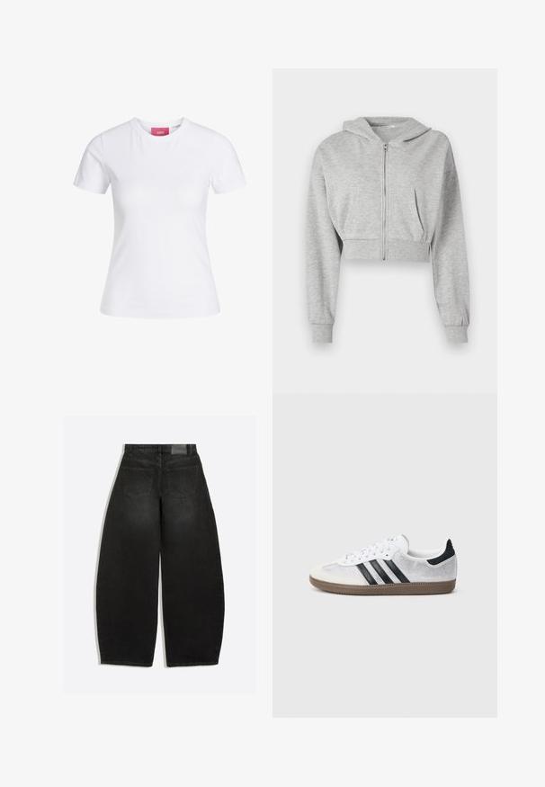 Grå cropped hoodie lavet af blødt stof, med lynlås foran, lange ærmer og to forlommer. Glat tekstur, justerbar hætte.; Hvid slimfit t-shirt med korte ærmer og rund halsudskæring med en lyserød JJXX-label indeni kraven, vist mod en ensfarvet baggrund.; Sorte vidde cowboybukser set bagfra med to baglommer og bæltestropper på linningen.; Hvid mesh-sneaker med sorte striber, beige ruskind på tåhætte og hæl, tekstureret gummisål og hvide snørebånd. Klassisk lavtopsdesign.