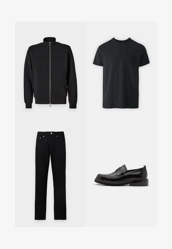 Schwarzer Zip-Up-Pullover mit hohem Kragen, gerippten Bündchen und seitlichen Taschen. Weicher Stoff mit einem dezenten, geprägten Logo auf der Brust.; Schwarzes Baumwoll-T-Shirt mit kurzen Ärmeln, Rundhalsausschnitt und lässiger Passform. Glatte Textur und gerader Saum, keine sichtbaren Grafiken oder Muster.; Schwarze Jeans mit geradem Bein, vorderer Knopfleiste, Reißverschluss, Gürtelschlaufen und fünf Taschen auf hellgrauem Hintergrund.; Calvin Klein MOCCASIN - Business-Slipper - black