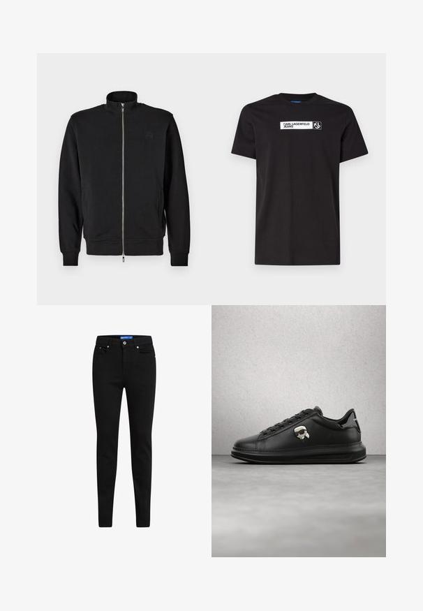 Schwarzer Zip-Up-Pullover mit hohem Kragen, gerippten Bündchen und seitlichen Taschen. Weicher Stoff mit einem dezenten, geprägten Logo auf der Brust.; Schwarzes Baumwoll-T-Shirt mit kurzen Ärmeln, das ein weißes Textgrafik-Label mit der Aufschrift "KARL LAGERFELD JEANS" und ein Logo aufweist, Rundhalsausschnitt.; Schwarze Slim-Fit-Jeans aus Denim, mit einem Fünf-Taschen-Design, Knopfverschluss und kontrastierendem blauen Etikett am Bündchen.; Person trägt schwarze Lederhosen und schwarze Sneakers mit einem kleinen Comic-Charakter-Anhänger an der Seite, steht auf einem Holzboden.