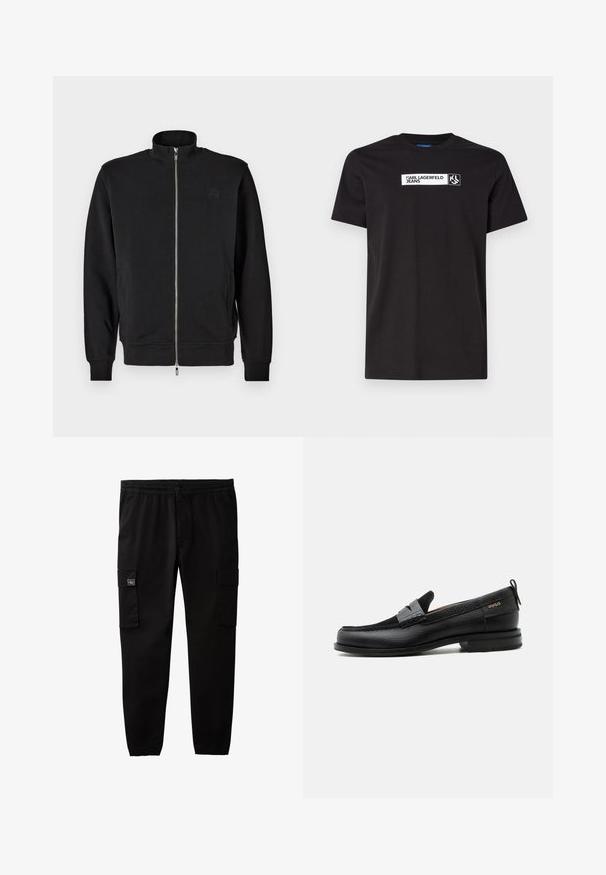 Sudadera negra con cremallera, que presenta un cuello alto, puños acanalados y bolsillos laterales. Tejido suave con un sutil logo grabado en el pecho.; Camiseta de algodón negra con mangas cortas que presenta una etiqueta gráfica de texto blanco que dice "KARL LAGERFELD JEANS" y un logotipo, con cuello redondo.; Pantalones cargo negros con cintura y puños elásticos, cierre de botón y cremallera, y bolsillos con solapa en cada muslo.; Mocasín de cuero negro con detalle de tira gris, tacón bajo y suela texturizada, con la marca "HUGO" en oro en el lateral.